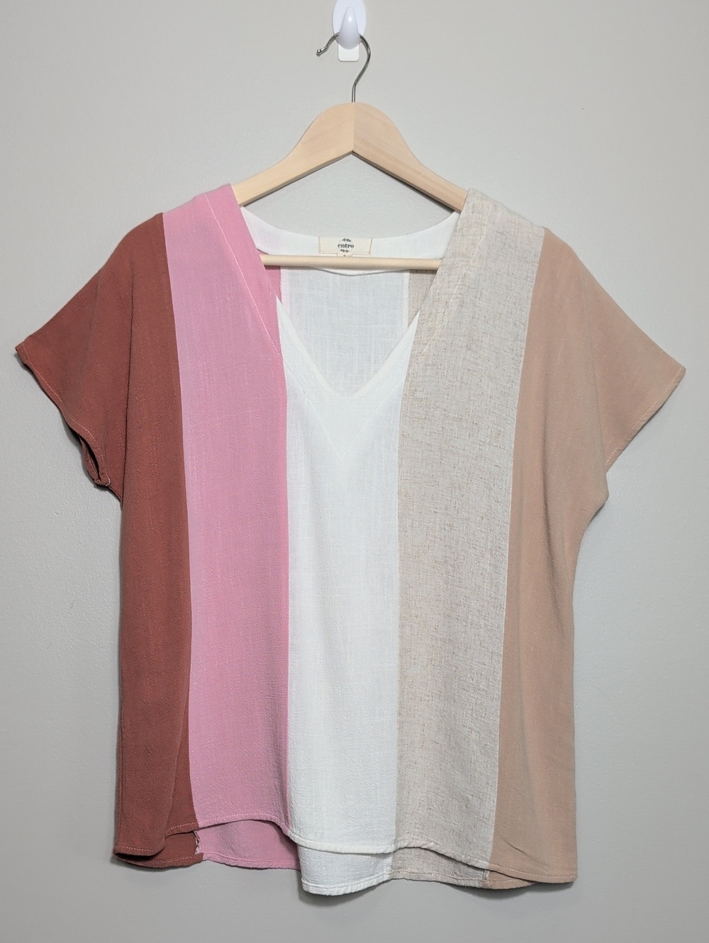 Entro‎ Colorblock Linen Shirt V-Neck Short Sleeve Pink Brown Cream Small Boho